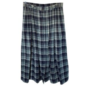Vintage Orvis Women's Plaid Pleated Midi Skirt Size 12 Blue Cotton Button Front